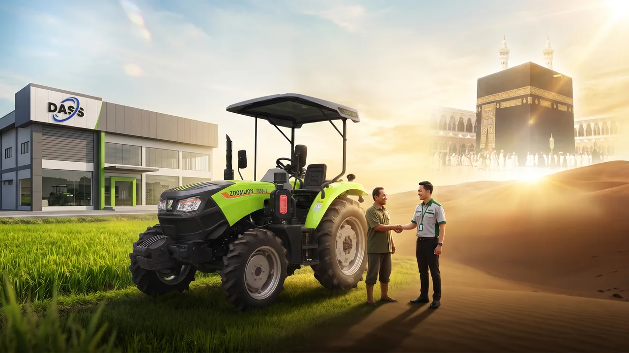 Serah terima traktor Zoomlion di depan kantor DASS dengan latar Ka'bah